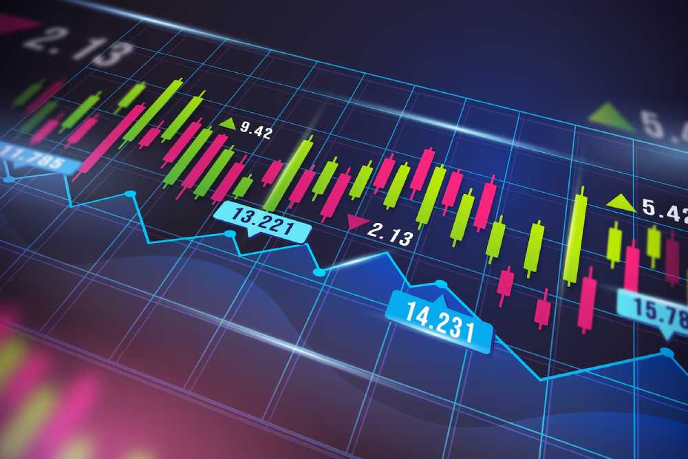 A colorful financial chart displaying candlestick patterns and line graphs, highlighting stock price movements and data points.