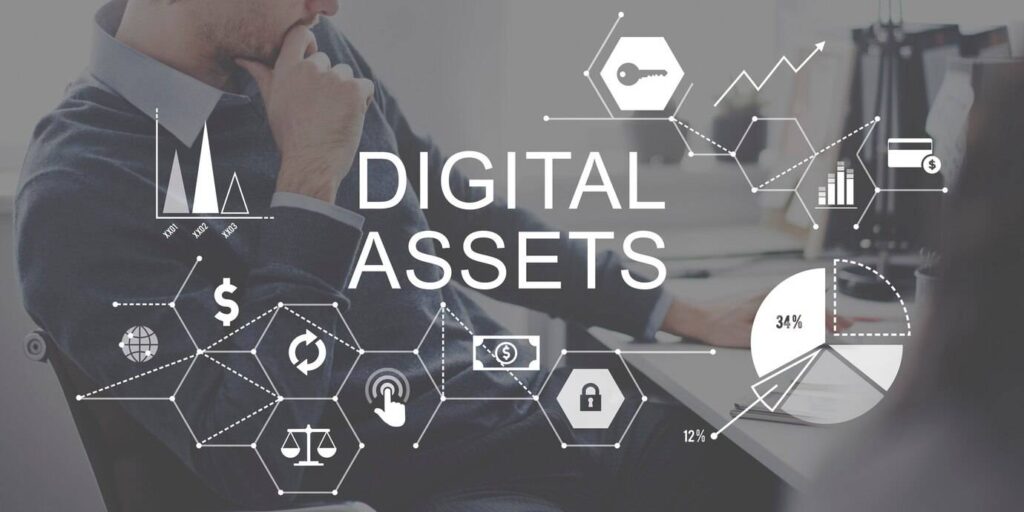 A businessman thoughtfully analyzes digital assets, surrounded by icons representing finance, security, and data analytics.