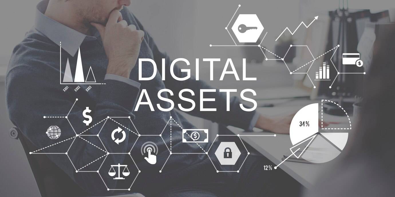 A businessman thoughtfully analyzes digital assets, surrounded by icons representing finance, security, and data analytics.