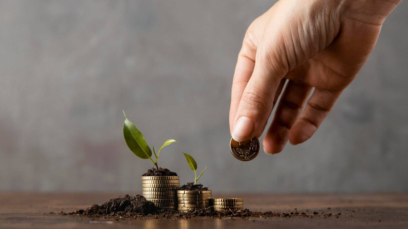 A hand dropping a coin onto soil with growing plants and stacks of gold coins, symbolizing investment and growth.