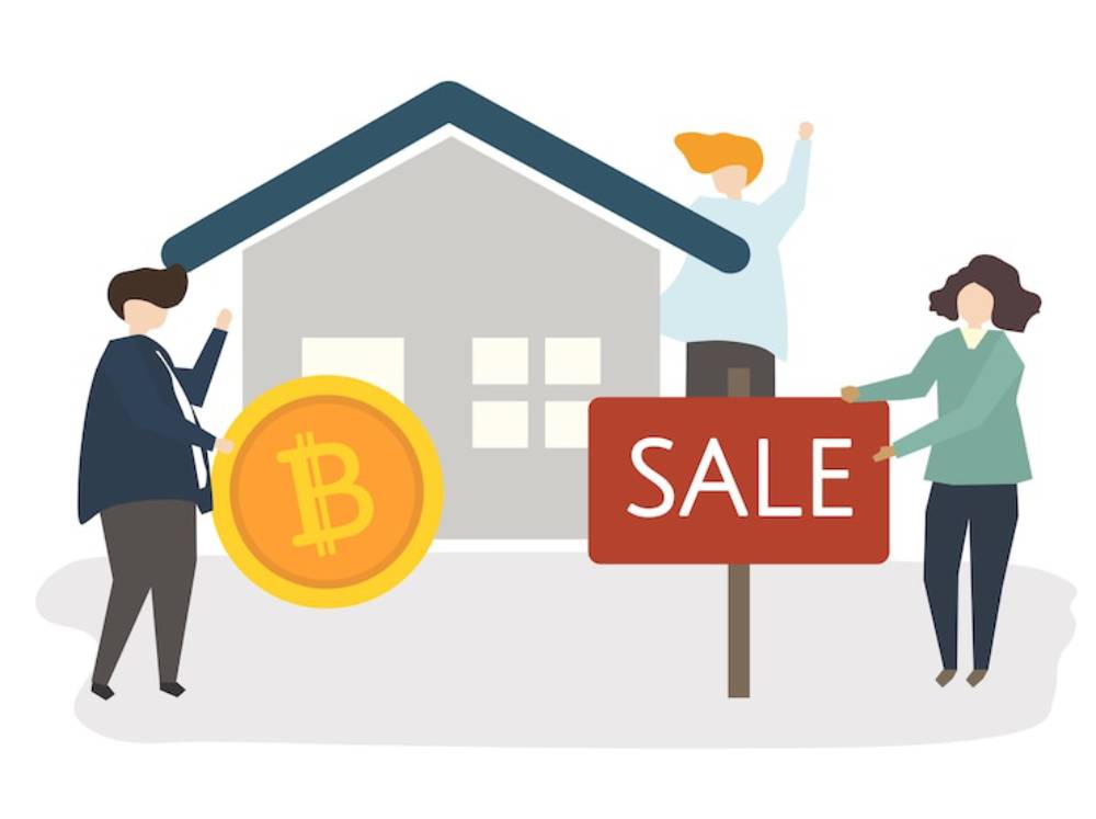 Illustration of three people around a house; one holds a Bitcoin, another displays a 