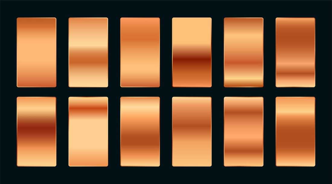 A grid of twelve rectangular copper panels with smooth gradients against a dark background, showcasing various metallic shades.