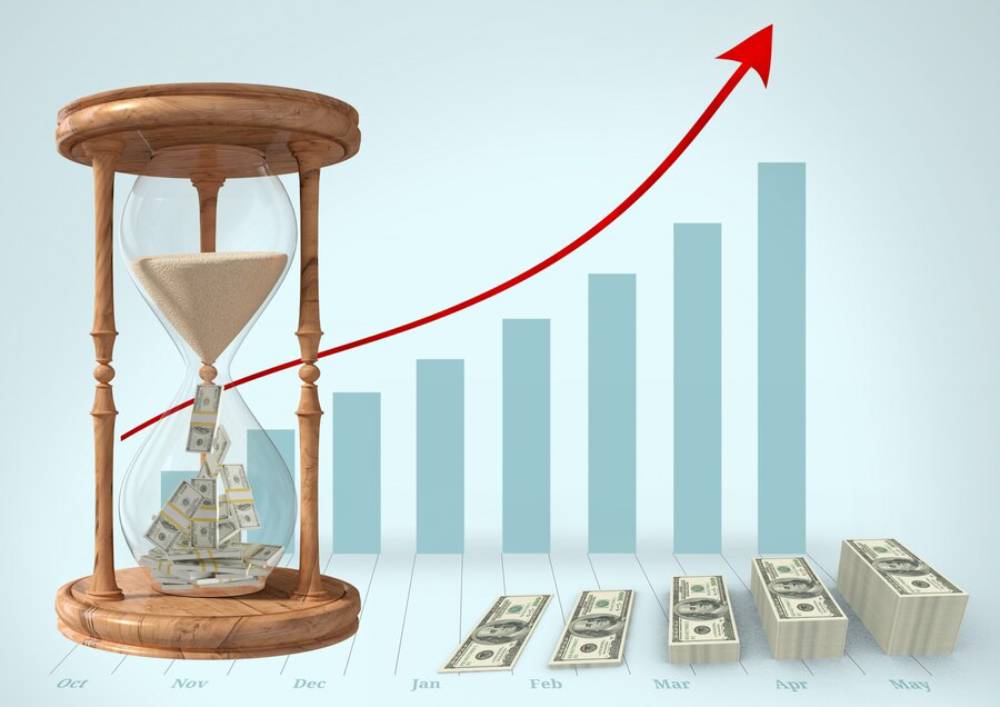 An hourglass filled with money symbolizes time management, alongside a rising graph representing financial growth.