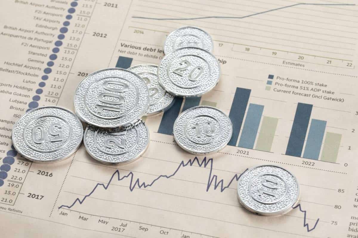 A collection of silver coins marked 10, 20, 50, and 100 resting on a financial report featuring graphs and data charts.