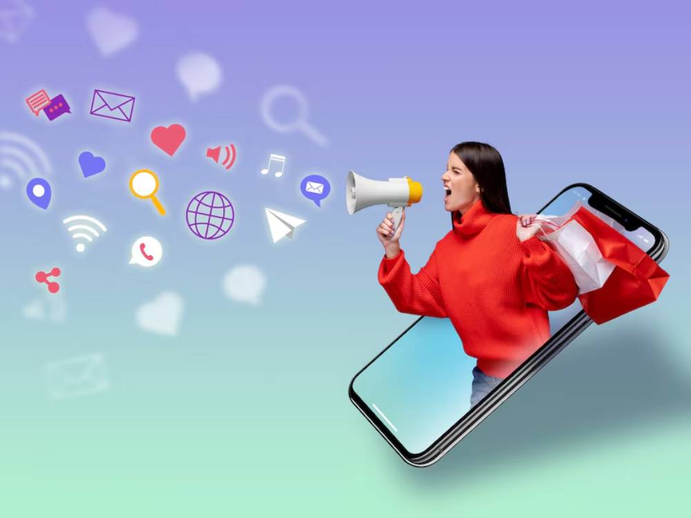 A person in a red sweater holds a megaphone and shopping bags, emerging from a smartphone, surrounded by various social media icons.