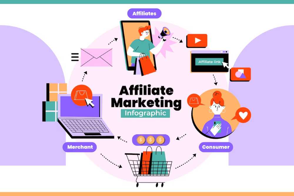 An infographic illustrating affiliate marketing, showcasing interactions between affiliates, merchants, and consumers with visual icons and arrows.